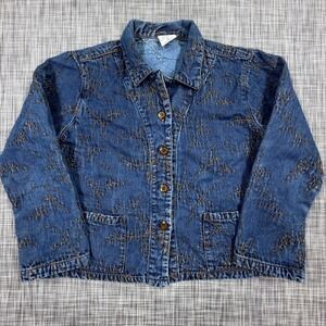 Click by Color Me Cotton Womens Jacket L Blue Tencel Gold Leaf Embroidered USA